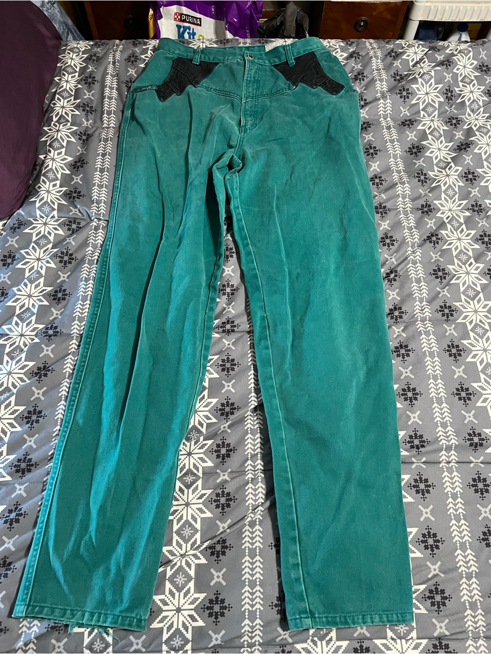 Vintage retro western Women’s Teal Green Jeans with Black Accent Pockets